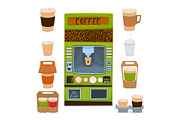 vending machine for the sale of hot coffee drinks and chocolate. Packaging for take-away coffee. Vector illustration.
