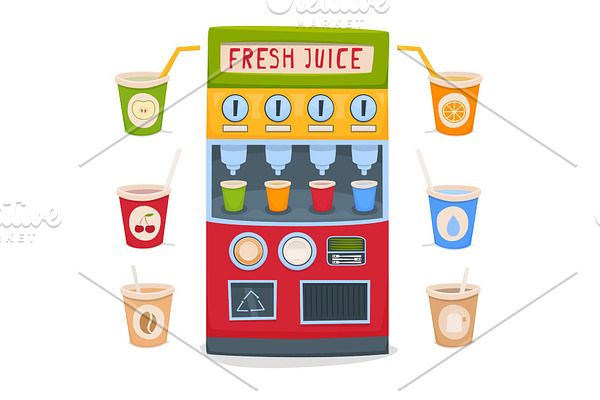 A vending machine for selling fresh fruit juices, water, tea and coffee take-away. A set of cups with drinks. Vector illustration
