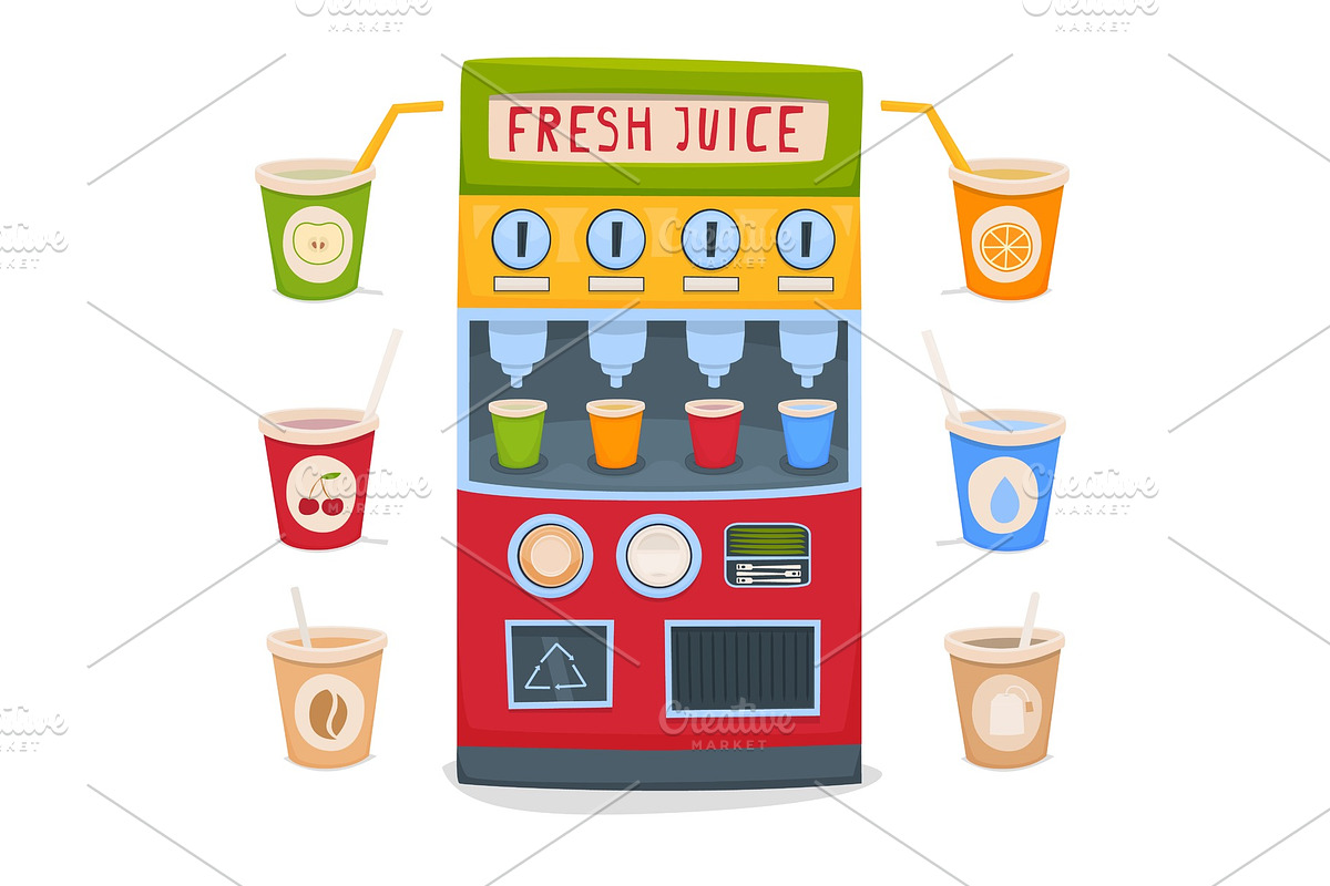 A vending machine for selling fresh fruit juices, water, tea and coffee take-away. A set of cups with drinks. Vector illustration in Illustrations - product preview 8