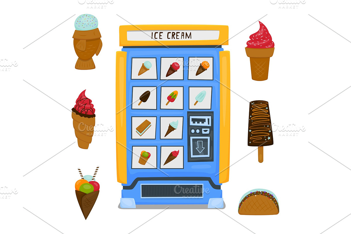 A vending machine for selling fruit ice and ice cream. A set of ice cream on a white background. Vector illustration. in Illustrations - product preview 8