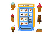 A vending machine for selling fruit ice and ice cream. A set of ice cream on a white background. Vector illustration.