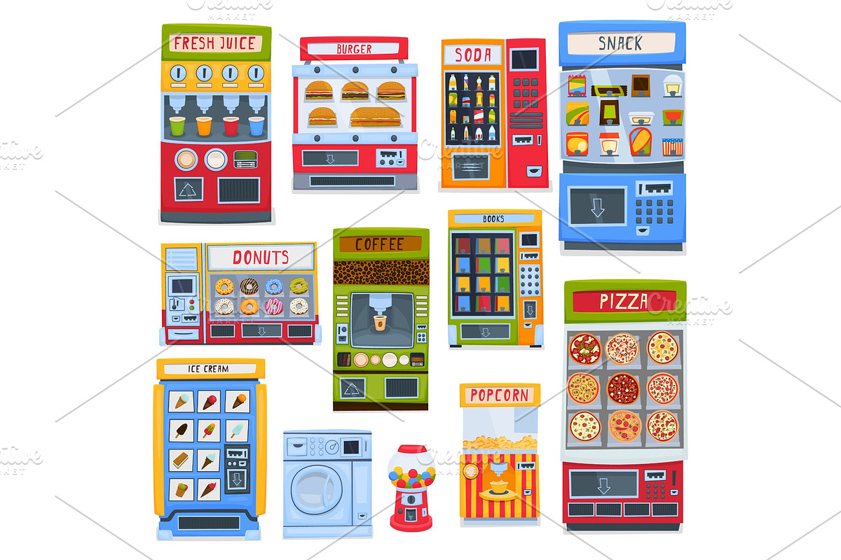 A set of vending machines for the sale of food, beverages and services. Vector illustration. in Illustrations - product preview 8