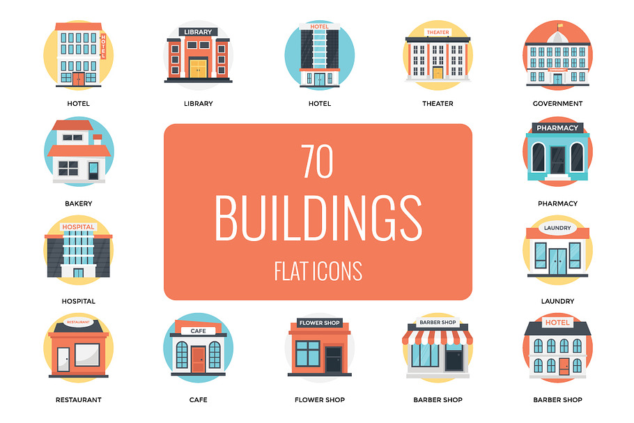 70 Flat Icons Set of Buildings