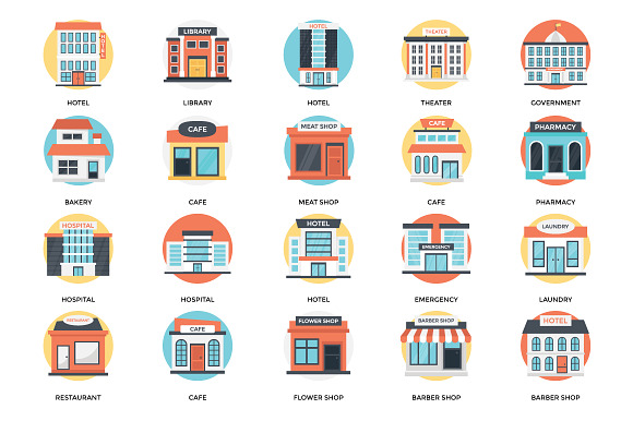 70 Flat Icons Set of Buildings in Graphics - product preview 1