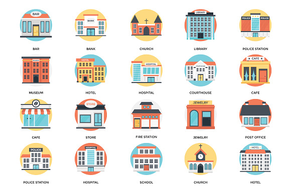 70 Flat Icons Set of Buildings in Graphics - product preview 2