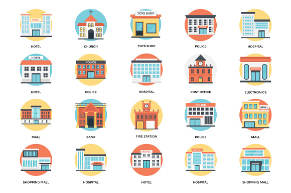 70 Flat Icons Set of Buildings in Graphics - product preview 3
