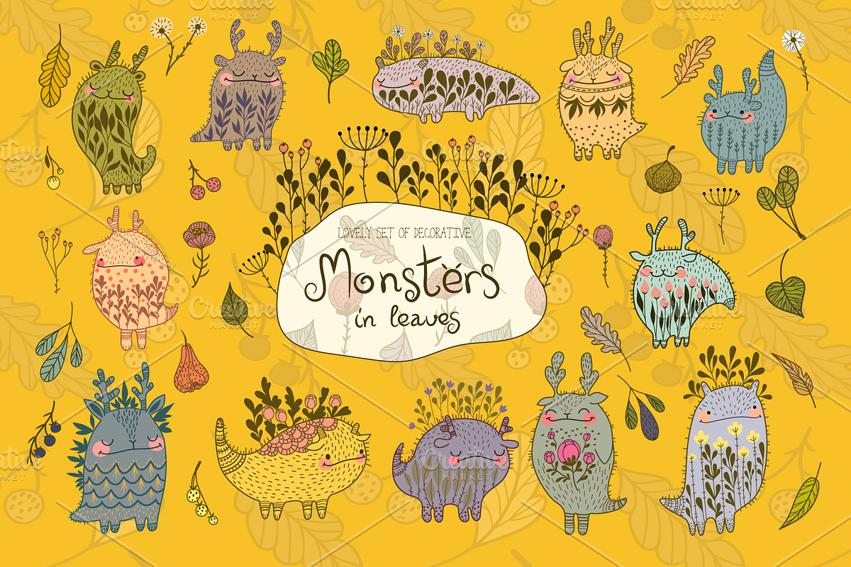 Set of "Monsters in leaves" in Card Templates - product preview 8