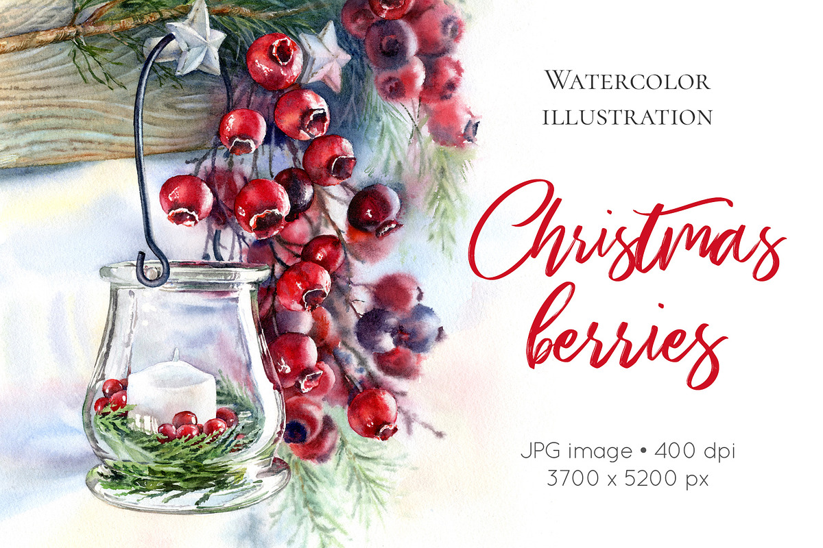 Christmas Watercolor - Red Berries in Graphics - product preview 8