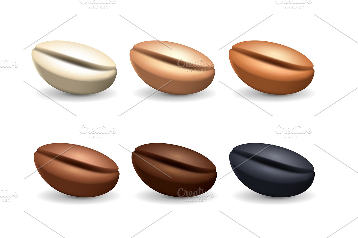 Different degrees of roasting coffee beans. Vector set. Collection of realistic coffee seeds isolated on the white background. in Illustrations - product preview 8