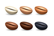 Different degrees of roasting coffee beans. Vector set. Collection of realistic coffee seeds isolated on the white background.