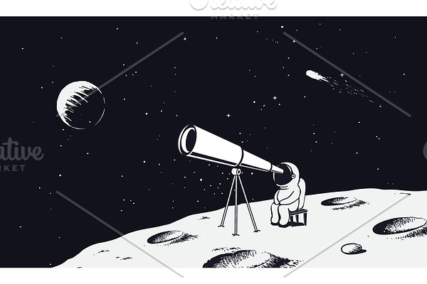 astronaut looks through the telescope to universe