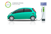 Power supply for electric car charging. Electric car charging station vector. Renewable eco technologies. Green power.