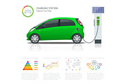 Infographics and Green electric car charging point vector. Renewable eco technologies. Green power.