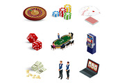 Isometric casino icons set. Laptop with roulette, slot machine, dice, casino chips and playing cards isolated on background. Vector illustration