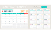 English calendar planner for year 2018, week start Monday. Set of 12 months, corporate design planner template, size A4 printable calendar templates.