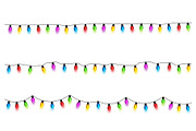 Christmas glowing lights on white background. Garlands with colored bulbs. Xmas holidays. Christmas greeting card design element. New year,winter.