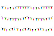 Christmas glowing lights on white background. Garlands with colored bulbs. Xmas holidays. Christmas greeting card design element. New year,winter.