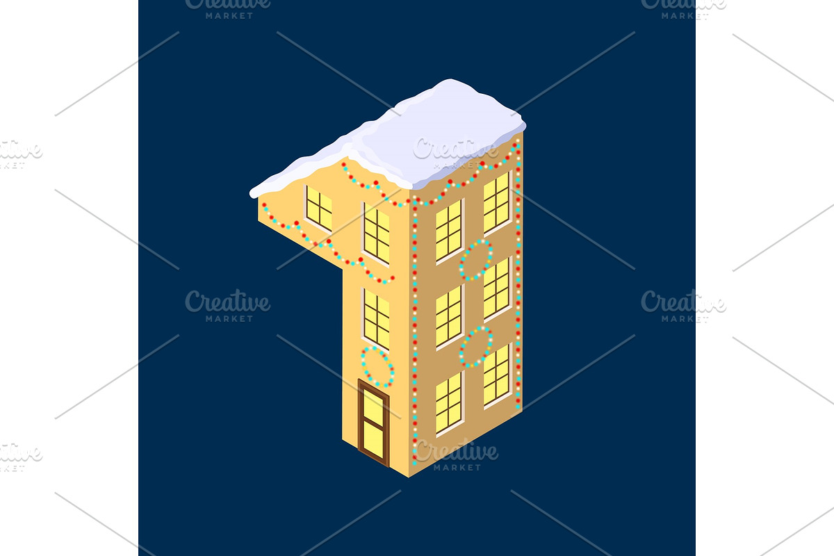 Isometric vector number one 1 yellow on blue winter chrismas house in shape of number one 1 house isometric lettering in Objects - product preview 8
