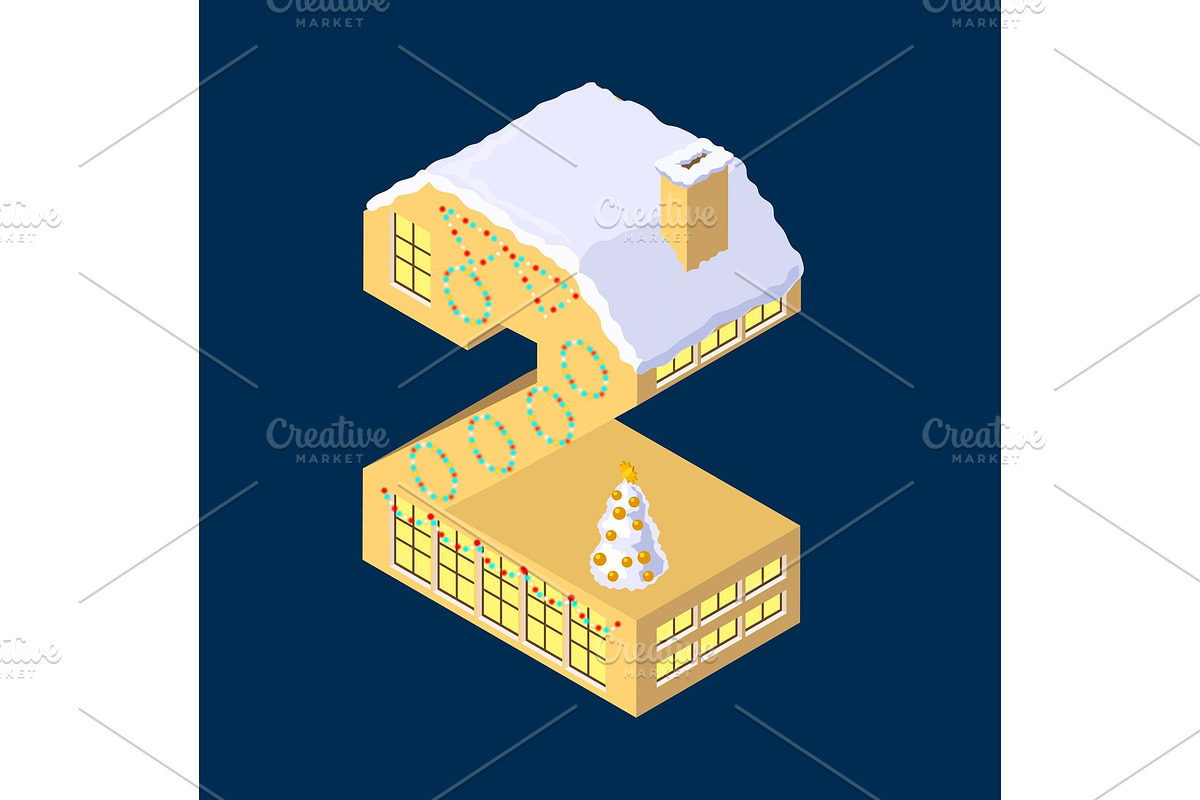 Isometric vector number two 2 yellow on blue winter chrismas house in shape of number two 2 house isometric lettering in Objects - product preview 8