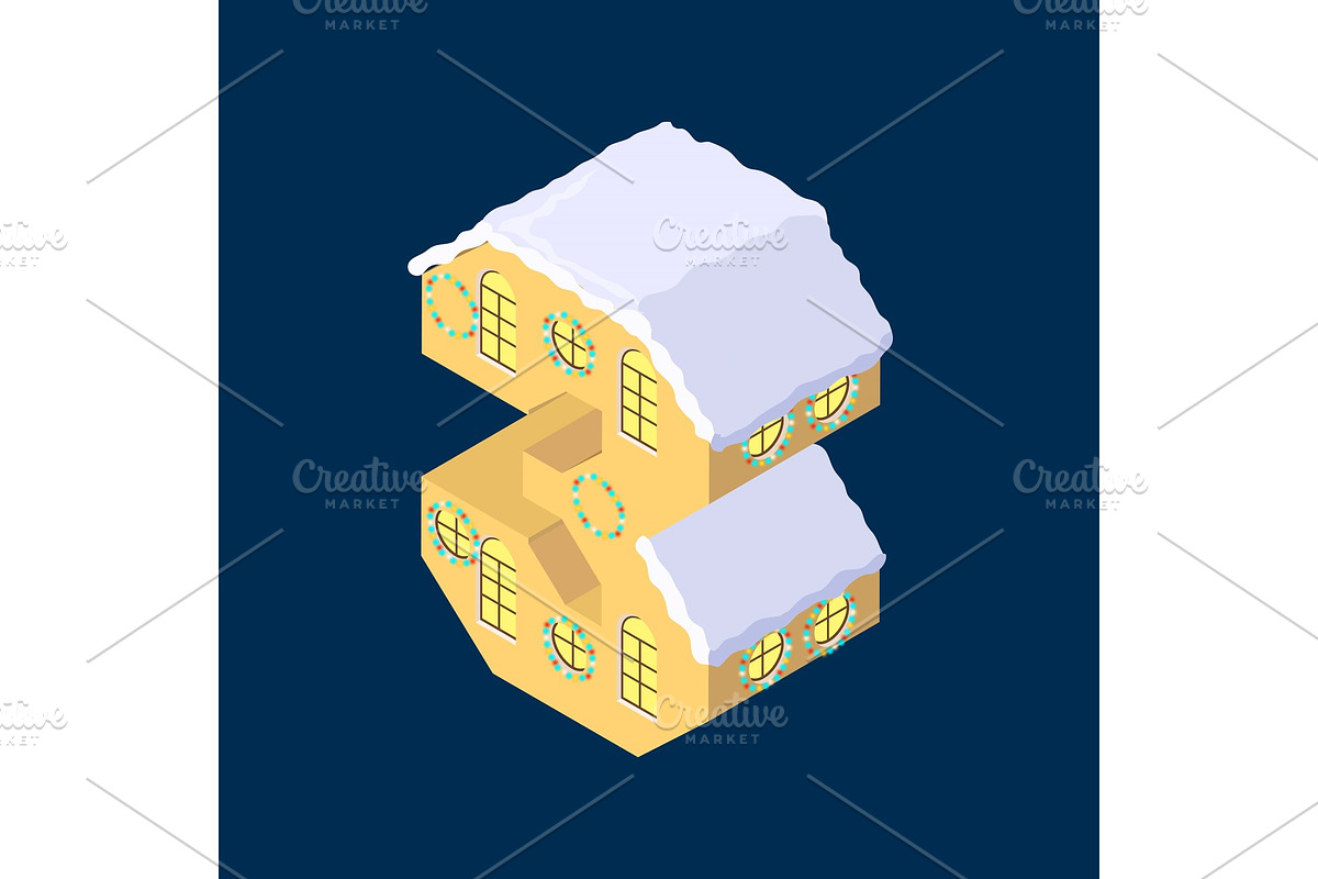 Isometric vector number Three 3 yellow on blue winter chrismas house in shape of number Three 3 house isometric lettering in Objects - product preview 8