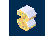 Isometric vector number Three 3 yellow on blue winter chrismas house in shape of number Three 3 house isometric lettering