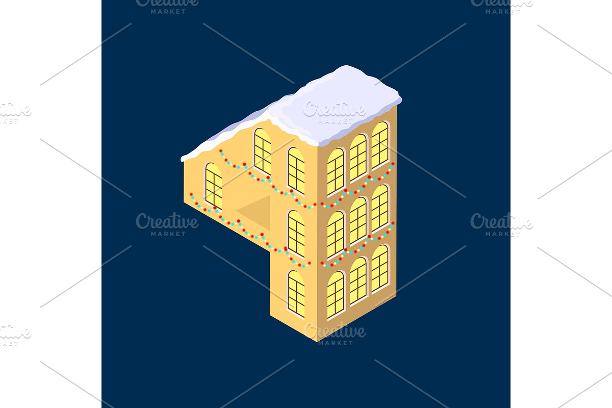 Isometric vector number four 4 yellow on blue winter chrismas house in shape of number four 4 house isometric lettering in Objects - product preview 8