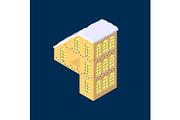 Isometric vector number four 4 yellow on blue winter chrismas house in shape of number four 4 house isometric lettering