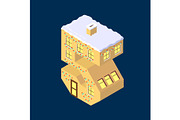 Isometric vector number five 5 yellow on blue winter chrismas house in shape of number five 5 house isometric lettering