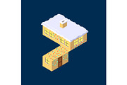 Isometric vector number seven 7 yellow on blue winter chrismas house in shape of number seven 7 house isometric lettering