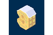 Isometric vector number nine 9 yellow on blue winter chrismas house in shape of number nine 9 house isometric lettering