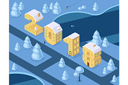 Isometric vector numbers 2018 yellow on blue winter chrismas landscape houses in shape of number eight 8 house isometric lettering