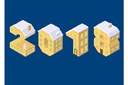 Isometric vector numbers 2018 yellow on blue winter chrismas houses in shape of number eight 8 house isometric lettering