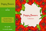 Poppy flowers set, vector and raster
