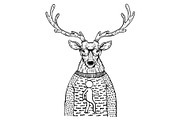 Deer in sweater engraving vector illustration