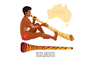 Swarthy man with white paint on face plays didgeridoo
