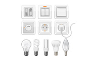 Set of light saving bulbs, electric switches, plastic dimmers
