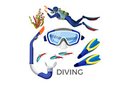 Diving accessories as silicon goggles, rubber tube, blue flippers,