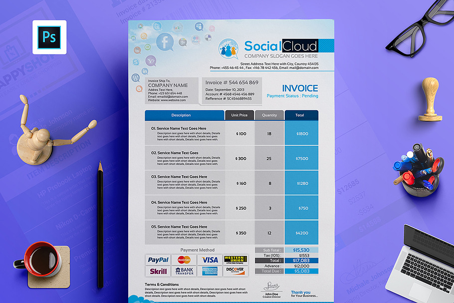 Social Media Agency Invoice Template in Stationery Templates - product preview 8