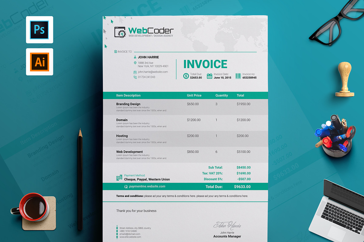 Simple Clean Invoice Template in Stationery Templates - product preview 8