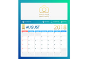 AUGUST 2018, illustration vector calendar or desk planner, weeks start on Sunday