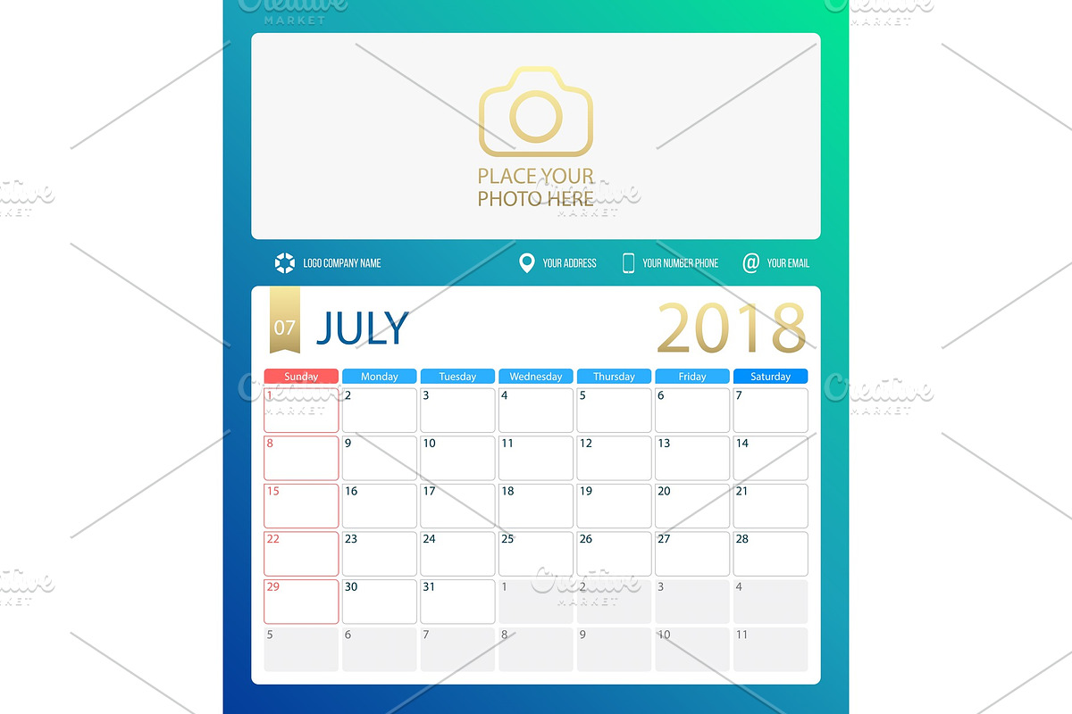 JULY 2018, illustration vector calendar or desk planner, weeks start on Sunday in Illustrations - product preview 8