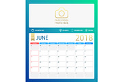 JUNE 2018, illustration vector calendar or desk planner, weeks start on Sunday