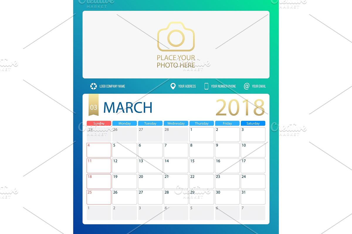 MARCH 2018, illustration vector calendar or desk planner, weeks start on Sunday in Illustrations - product preview 8