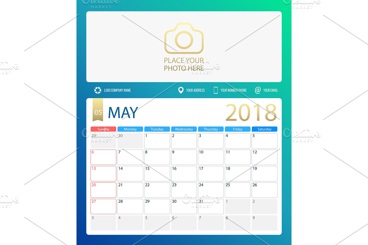 MAY 2018, illustration vector calendar or desk planner, weeks start on Sunday in Illustrations - product preview 8