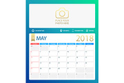MAY 2018, illustration vector calendar or desk planner, weeks start on Sunday