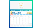 NOVEMBER 2018, illustration vector calendar or desk planner, weeks start on Sunday