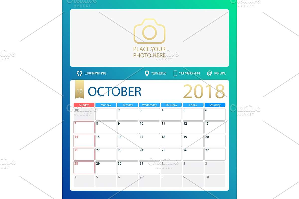 OCTOBER 2018, illustration vector calendar or desk planner, weeks start on Sunday in Illustrations - product preview 8