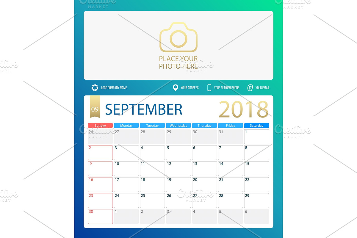 SEPTEMBER 2018, illustration vector calendar or desk planner, weeks start on Sunday in Illustrations - product preview 8