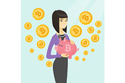 Woman holding a piggy bank with a bitcoin sign.