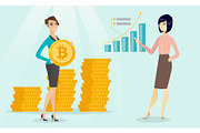 Business woman pointing at bitcoin growth graph.